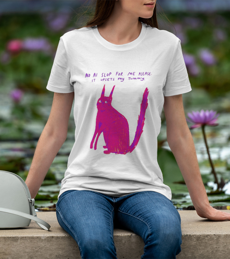 No AI Slop For Me Please It Upsets My Tummy Pink Cat T-Shirt