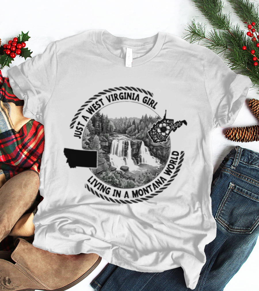 AI West Virginia Girl Living In A Montana World Forest Waterfall Scene T-Shirt