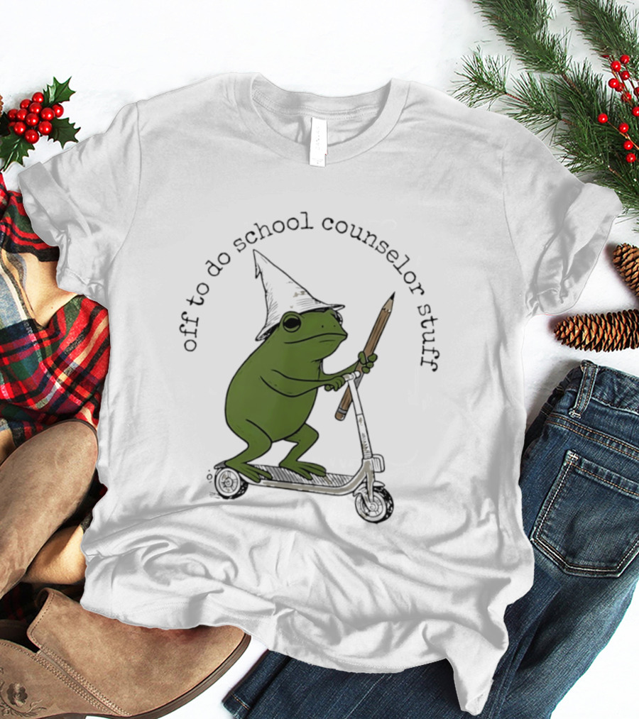 Frog Off To Do School Counselor Stuff With Wizard Hat Riding Scooter T-Shirt