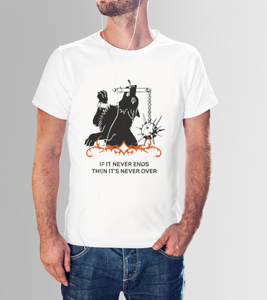 If It Never Ends Then It's Never Over Gothic Skeleton Warrior With Spiked Mace And Orange Flames T-Shirt