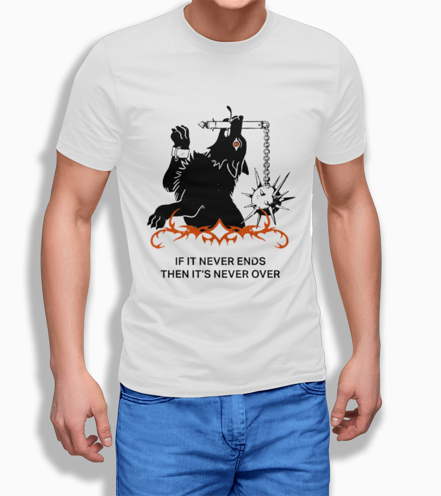 If It Never Ends Then It's Never Over Gothic Skeleton Warrior With Spiked Mace And Orange Flames T-Shirt