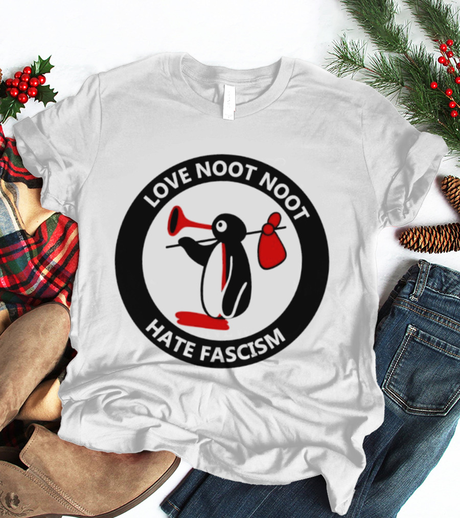 Love Noot Noot Hate Fascism Penguin Carrying Red Bag T-Shirt