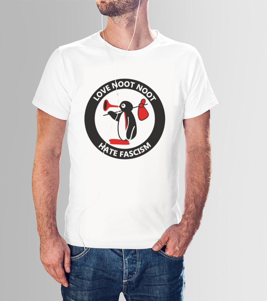 Love Noot Noot Hate Fascism Penguin Carrying Red Bag T-Shirt