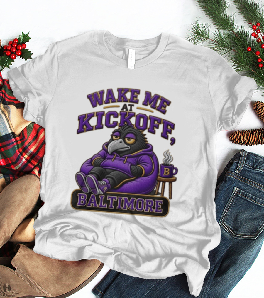 Wake Me At Kickoff Baltimore Purple Bird With Coffee T-Shirt