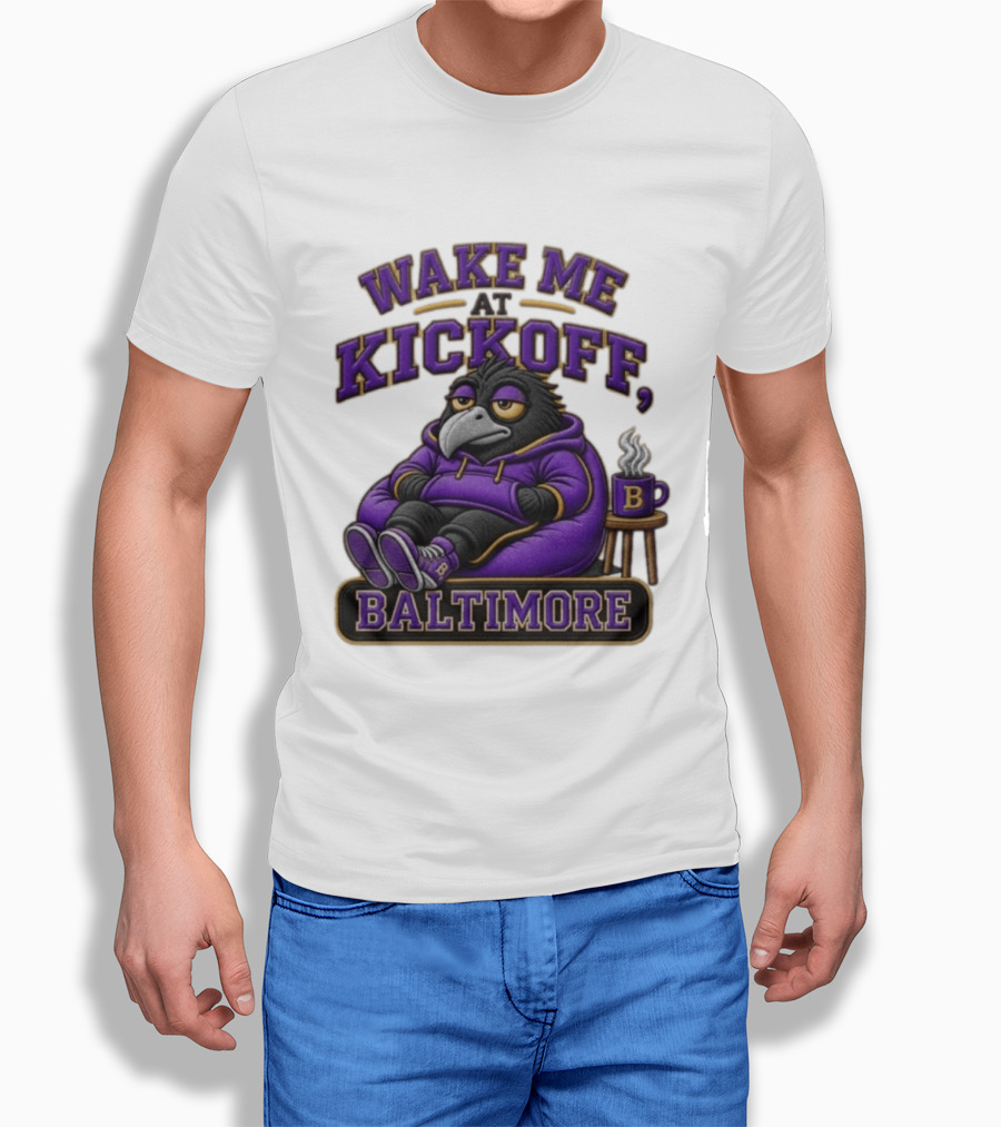Wake Me At Kickoff Baltimore Purple Bird With Coffee T-Shirt