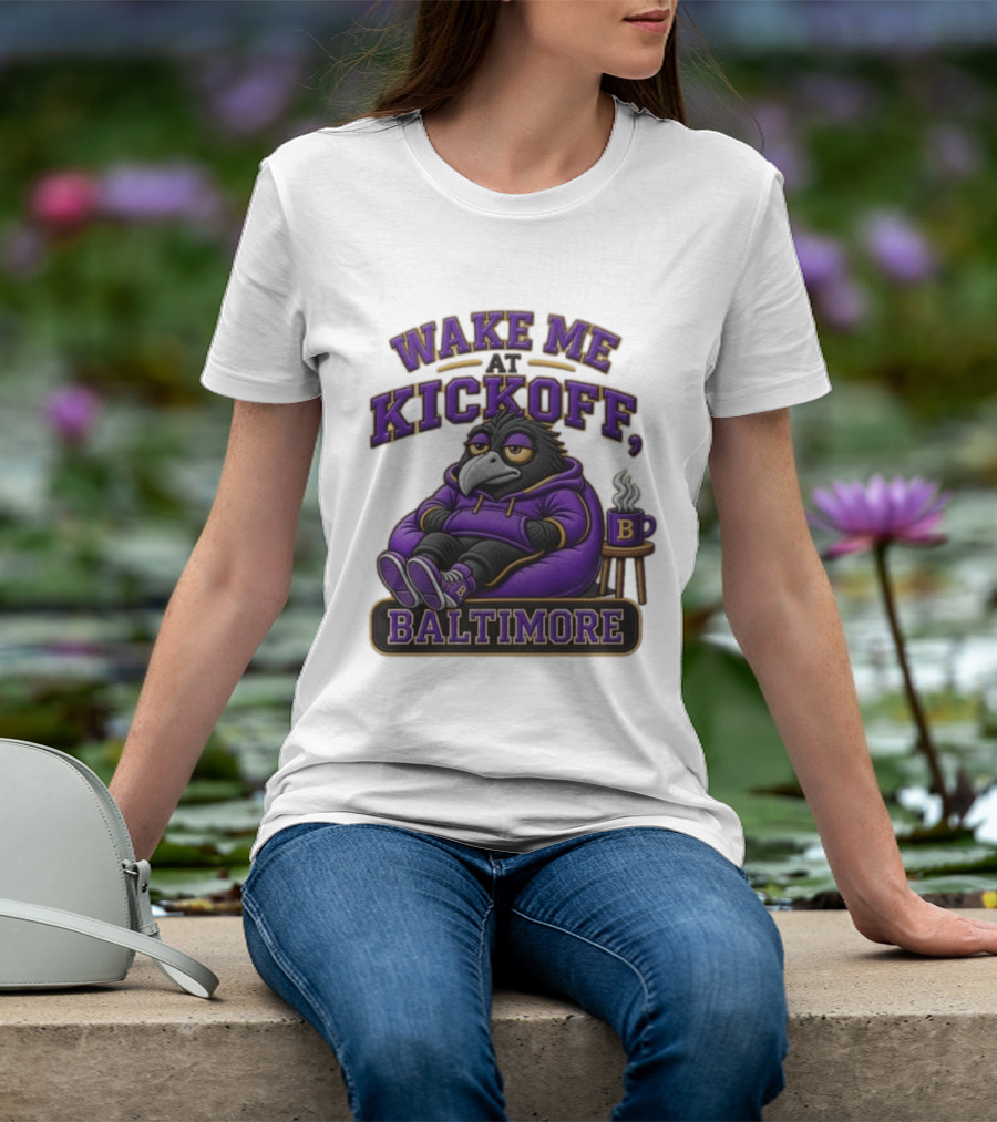 Wake Me At Kickoff Baltimore Purple Bird With Coffee T-Shirt