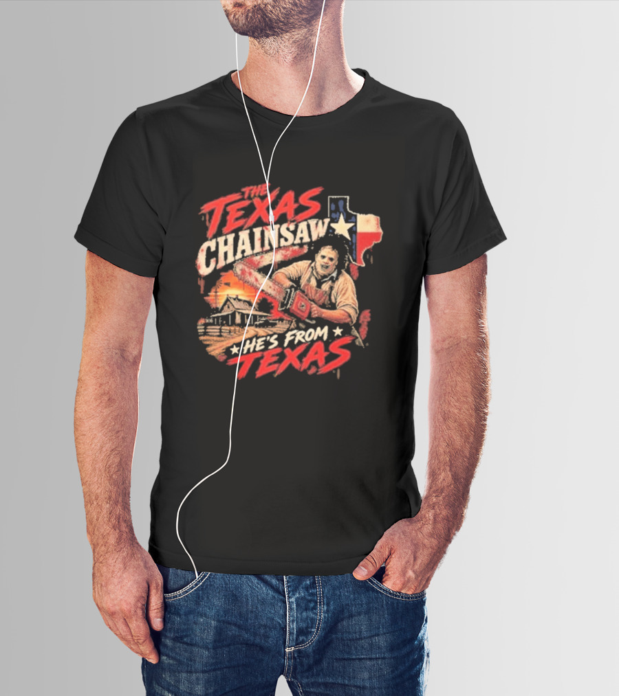 The Texas Chainsaw He's From Texas Horror Icon Chainsaw House Sunset T-Shirt