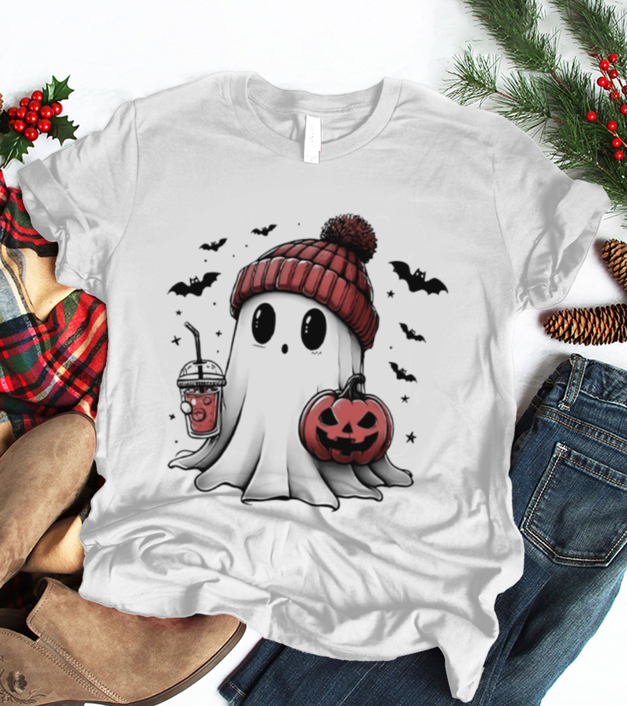 Ghost In Beanie With Pumpkin And Coffee Halloween 2026 T-Shirt