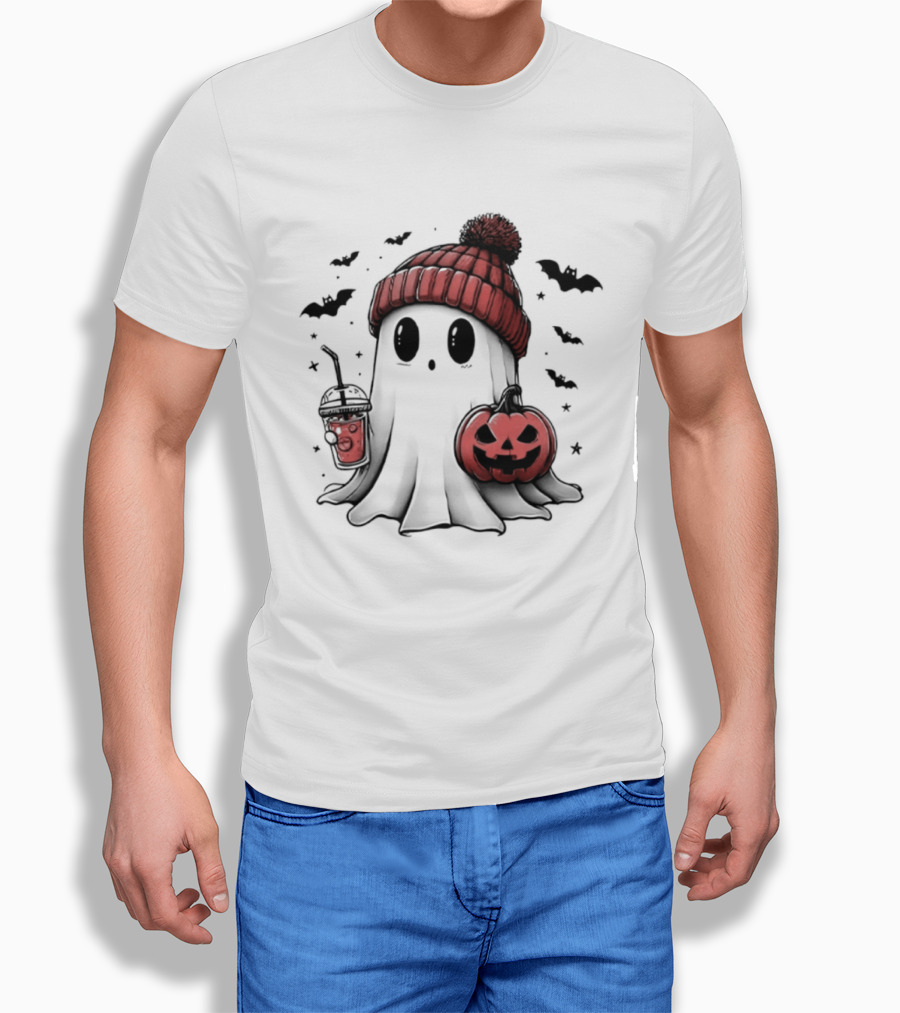 Ghost In Beanie With Pumpkin And Coffee Halloween 2026 T-Shirt