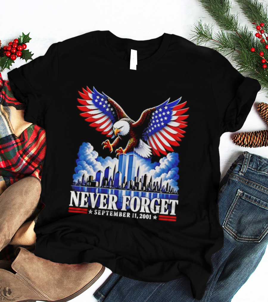 Never Forget September 11 2001 Eagle American Flag Twin Towers Memorial T-Shirt