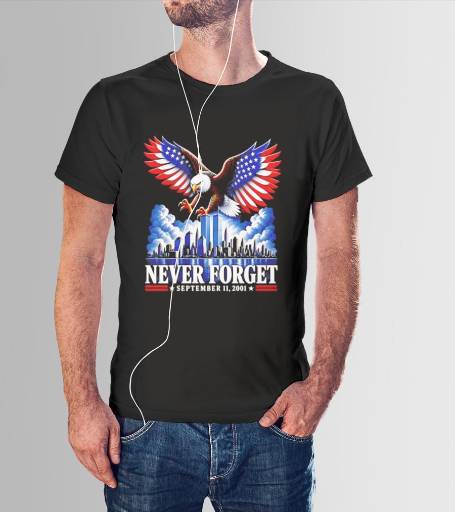 Never Forget September 11 2001 Eagle American Flag Twin Towers Memorial T-Shirt