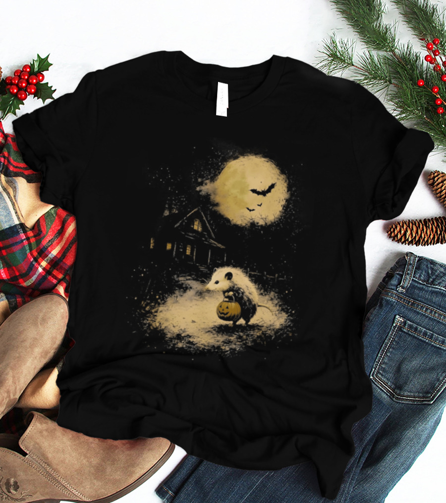 Opossum Halloween 2026 Pumpkin Spooky Moon Haunted House Scene T-Shirt