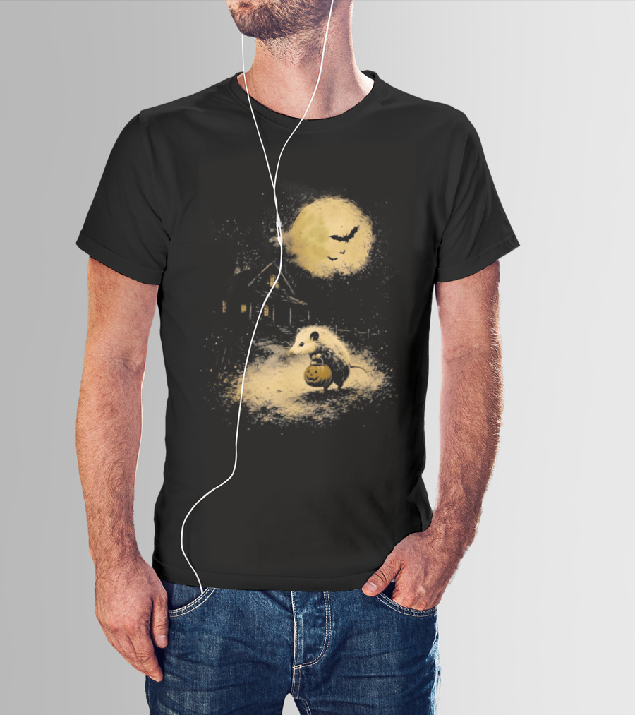 Opossum Halloween 2026 Pumpkin Spooky Moon Haunted House Scene T-Shirt