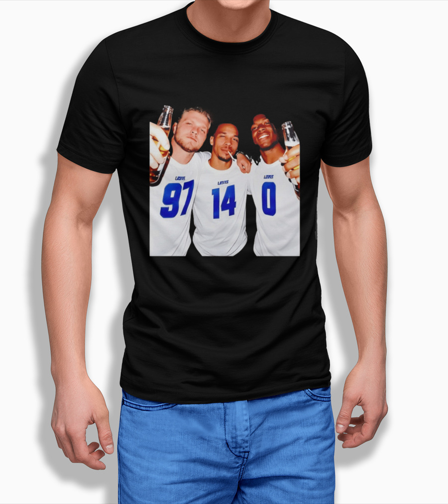 Detroit Lions Aidan Hutchinson Amon Ra St. Brown Jahmyr Gibbs Holding Beer Bottles Smoking Celebration T-Shirt