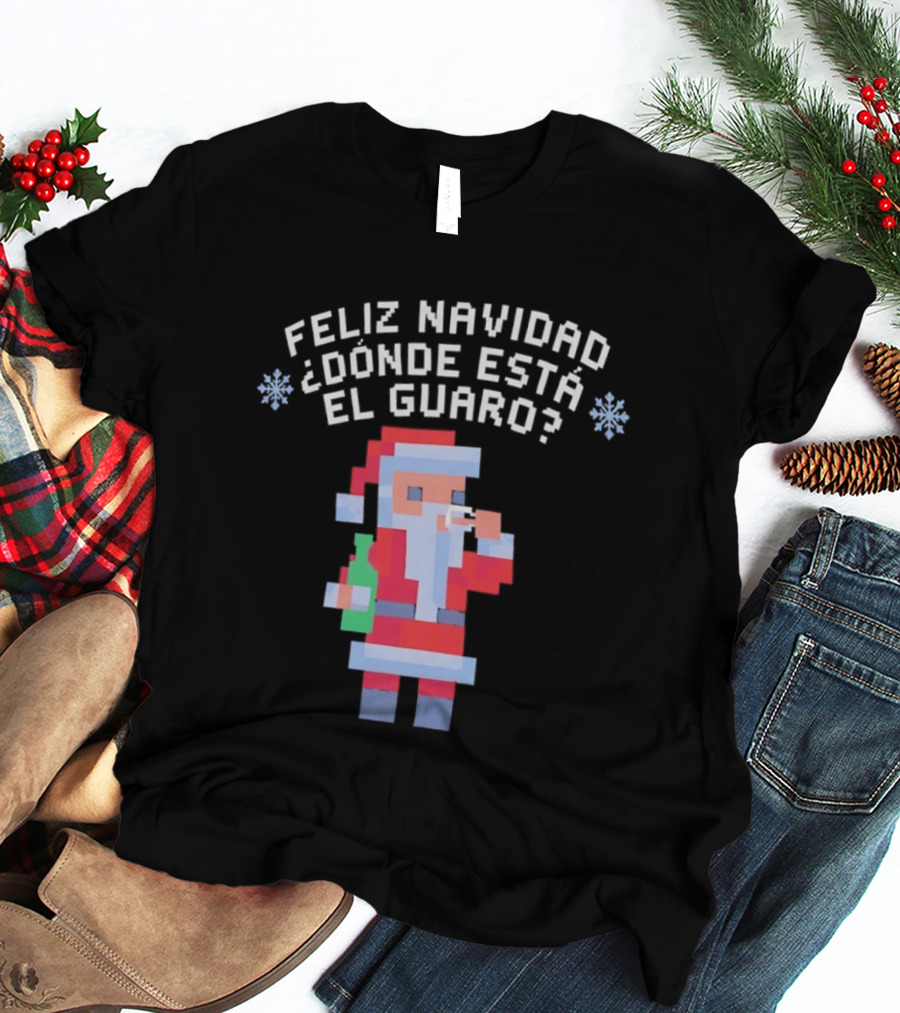 Feliz Navidad Dónde Está El Guaro Santa With Drink And Bottle T-Shirt