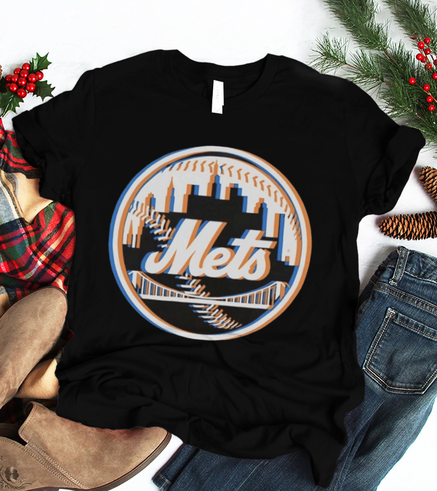 New York Mets Glitch 2026 MLB Season Skyline Bridge Baseball T-Shirt