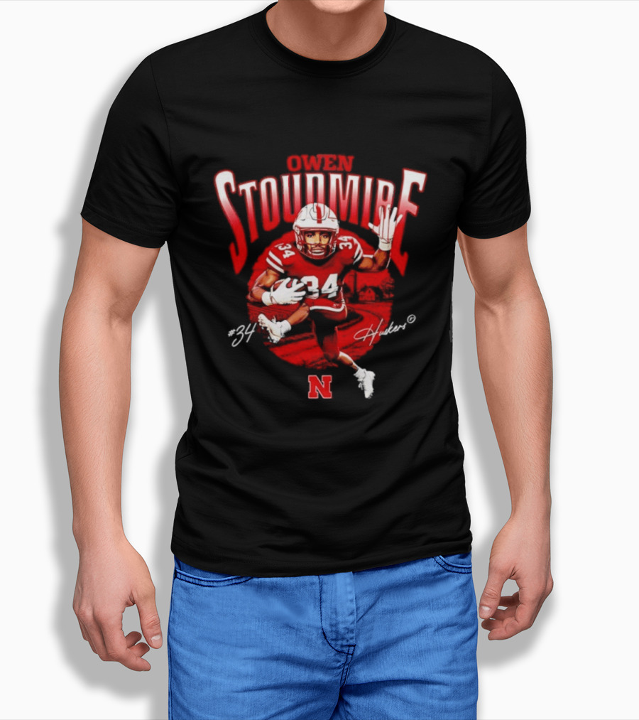 Owen Stoudmire 34 Nebraska Cornhuskers Football Player Caricature Huskers Signature T-Shirt