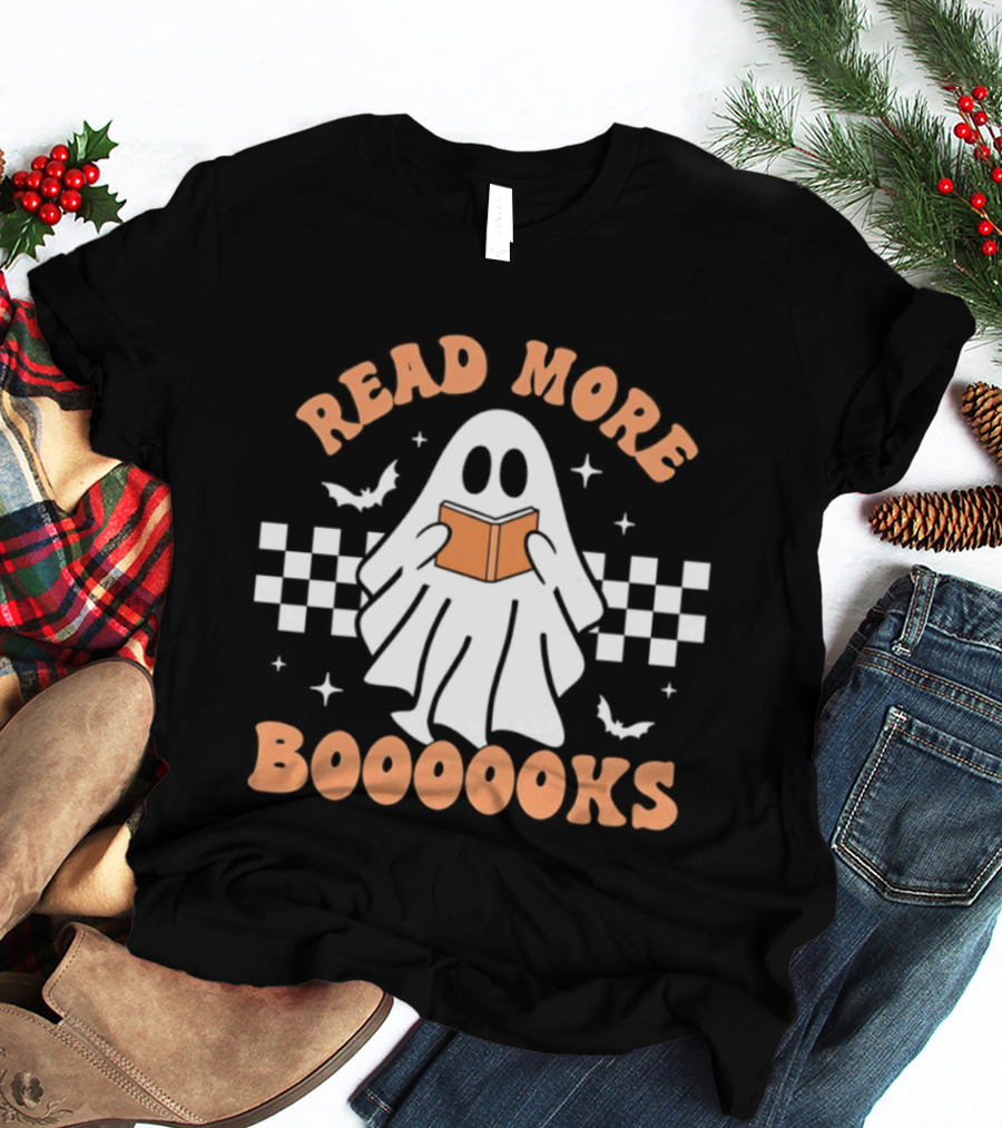 Read More Booooks Ghost Halloween Bat Checkerboard T-Shirt