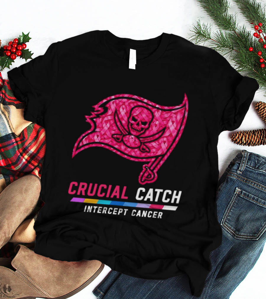 Tampa Bay Buccaneers 2026 Crucial Catch Intercept Cancer Pink Ribbon Flag T-Shirt
