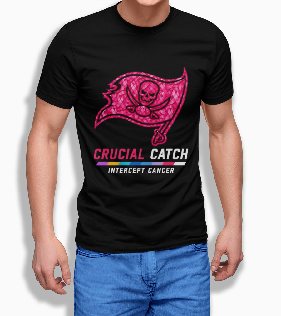 Tampa Bay Buccaneers 2026 Crucial Catch Intercept Cancer Pink Ribbon Flag T-Shirt