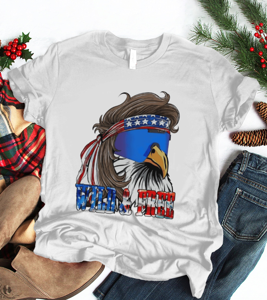 Wild And Free Bald Eagle USA Flag Bandana And Sunglasses T-Shirt