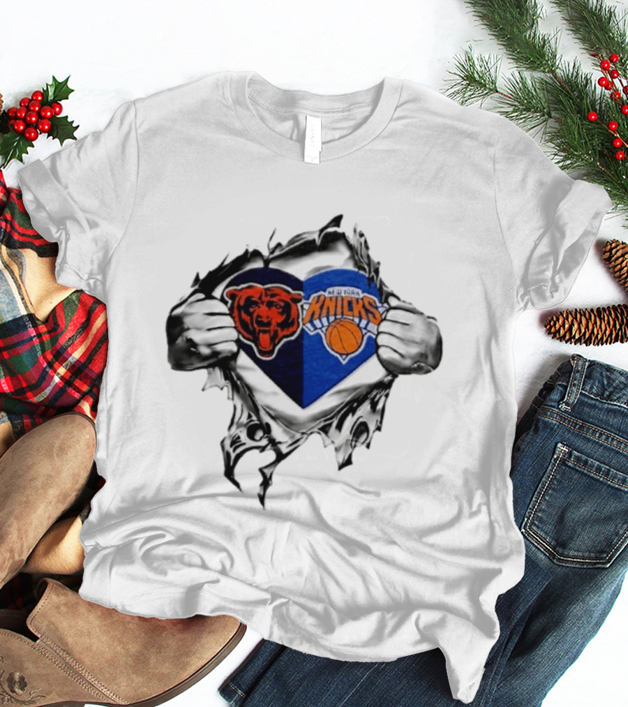 Chicago Bears New York Knicks Heart Symbol Fan Pride Collaboration T-Shirt