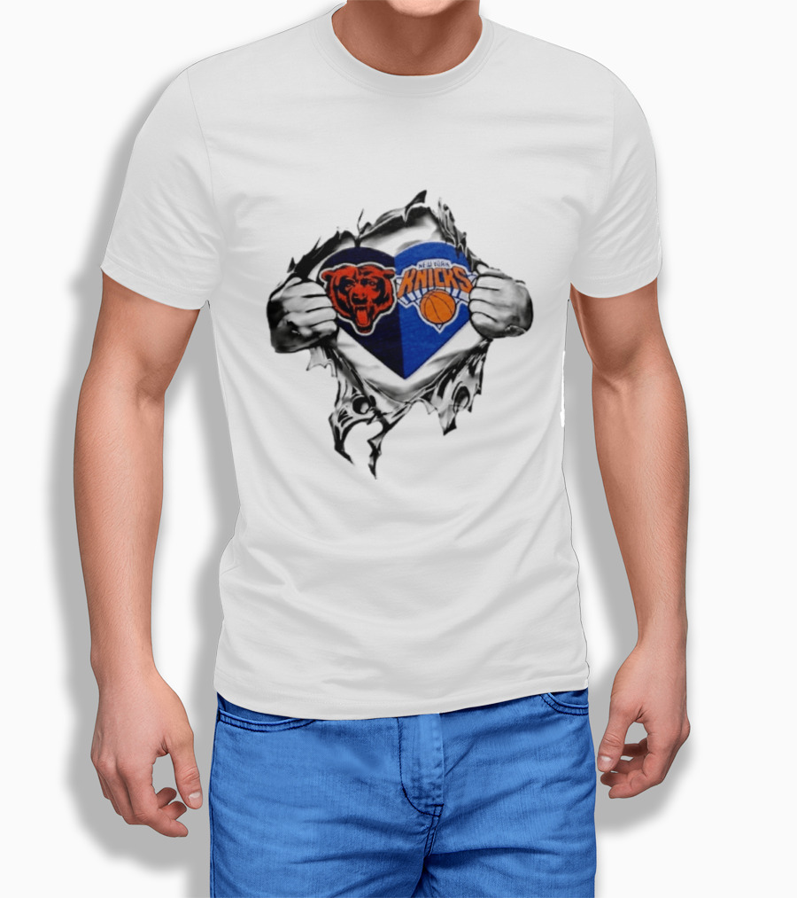 Chicago Bears New York Knicks Heart Symbol Fan Pride Collaboration T-Shirt