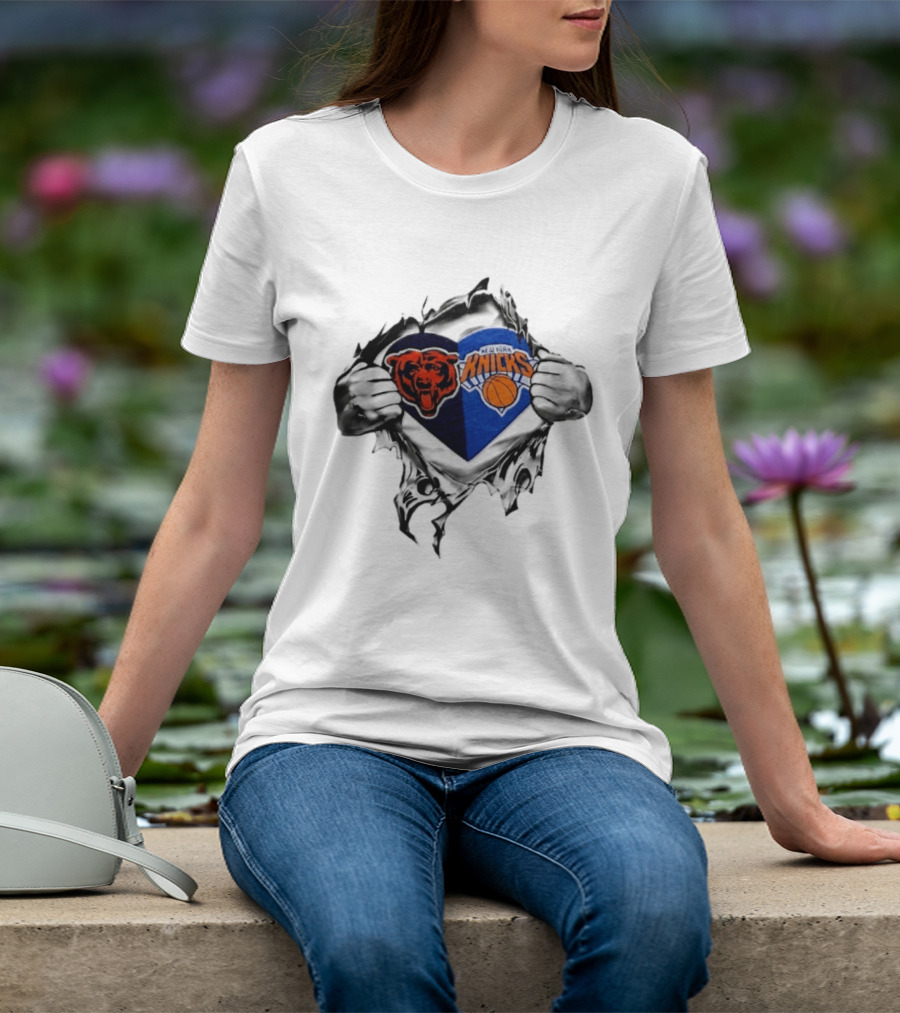 Chicago Bears New York Knicks Heart Symbol Fan Pride Collaboration T-Shirt