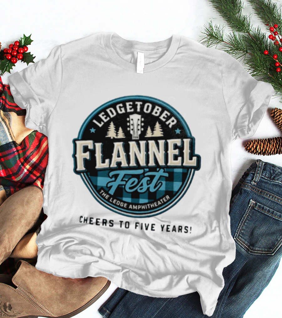 LedgeTober Flannel Fest The Ledge Amphitheater Cheers To Five Years Celebration With Trees And Guitar T-Shirt
