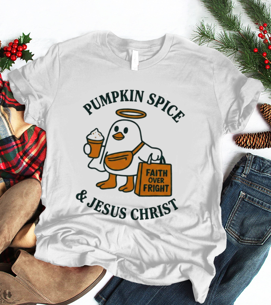 Pumpkin Spice Jesus Christ Faith Over Fright Angelic Penguin Coffee T-Shirt