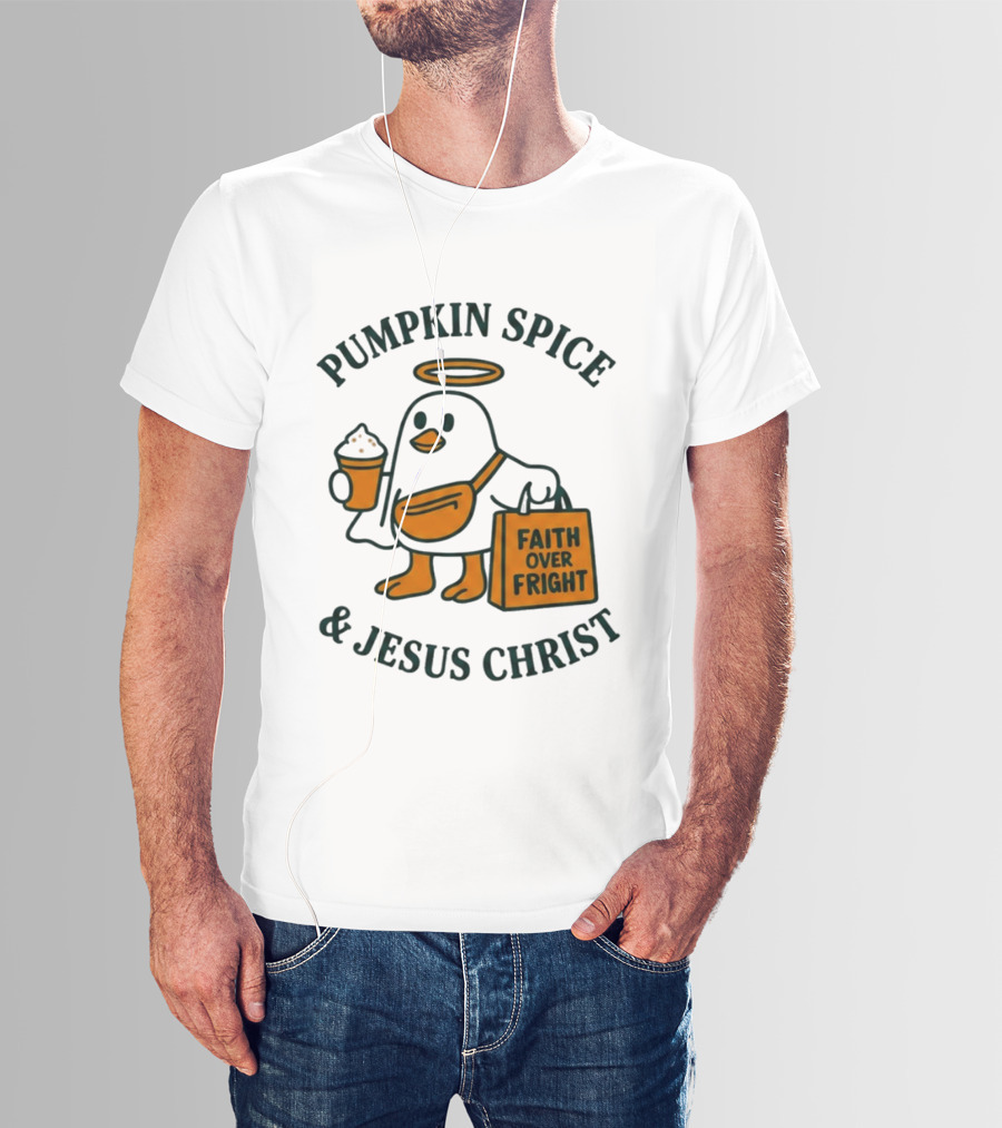 Pumpkin Spice Jesus Christ Faith Over Fright Angelic Penguin Coffee T-Shirt