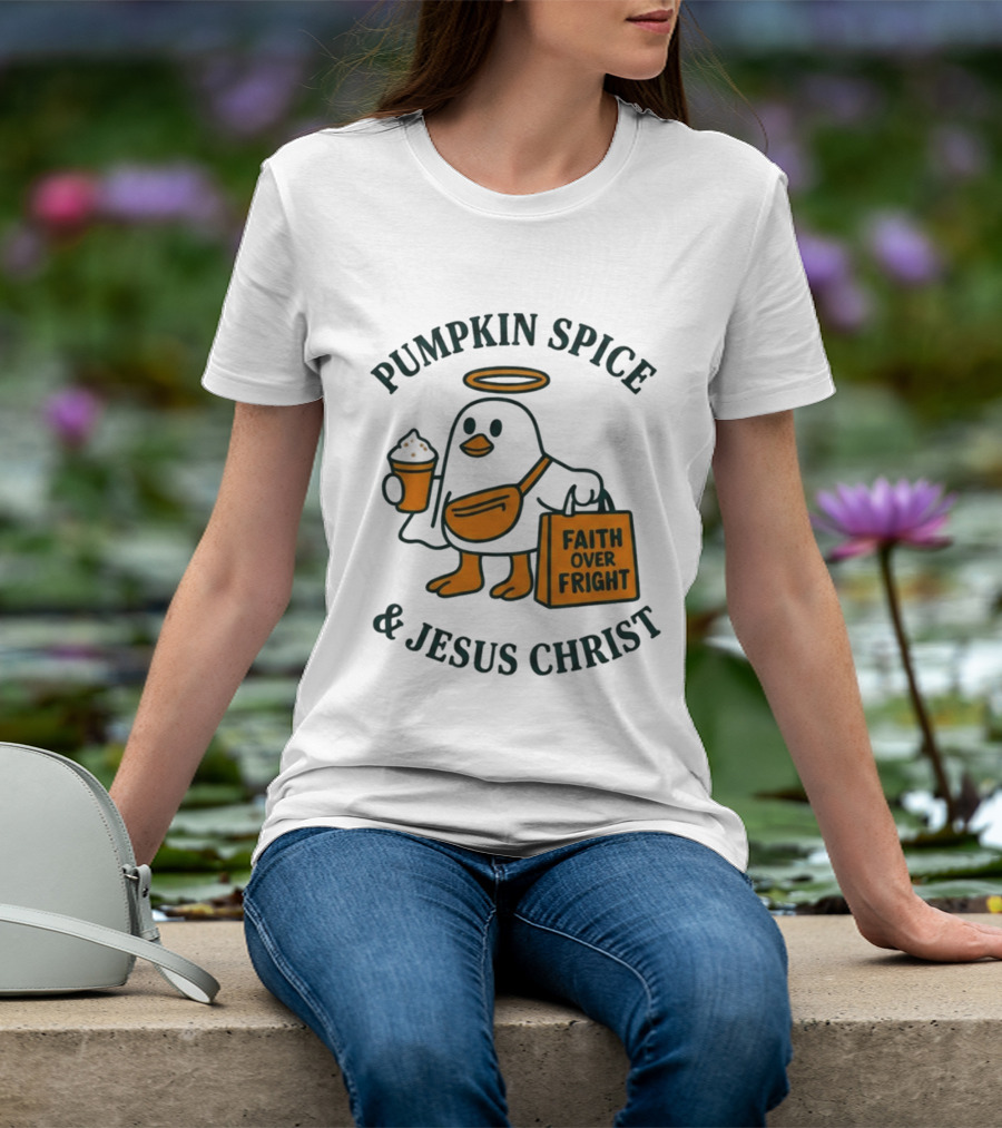 Pumpkin Spice Jesus Christ Faith Over Fright Angelic Penguin Coffee T-Shirt