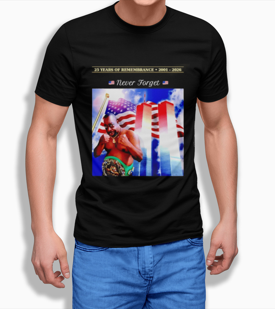 25 Years Of Remembrance 2001 2026 Beetlejuice Never Forget Twin Towers Boxing Belt American Flag T-Shirt
