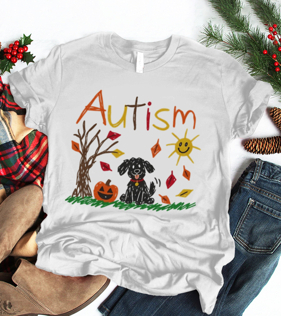 Autism Dog Pumpkin Halloween Fall Leaves Drawing T-Shirt