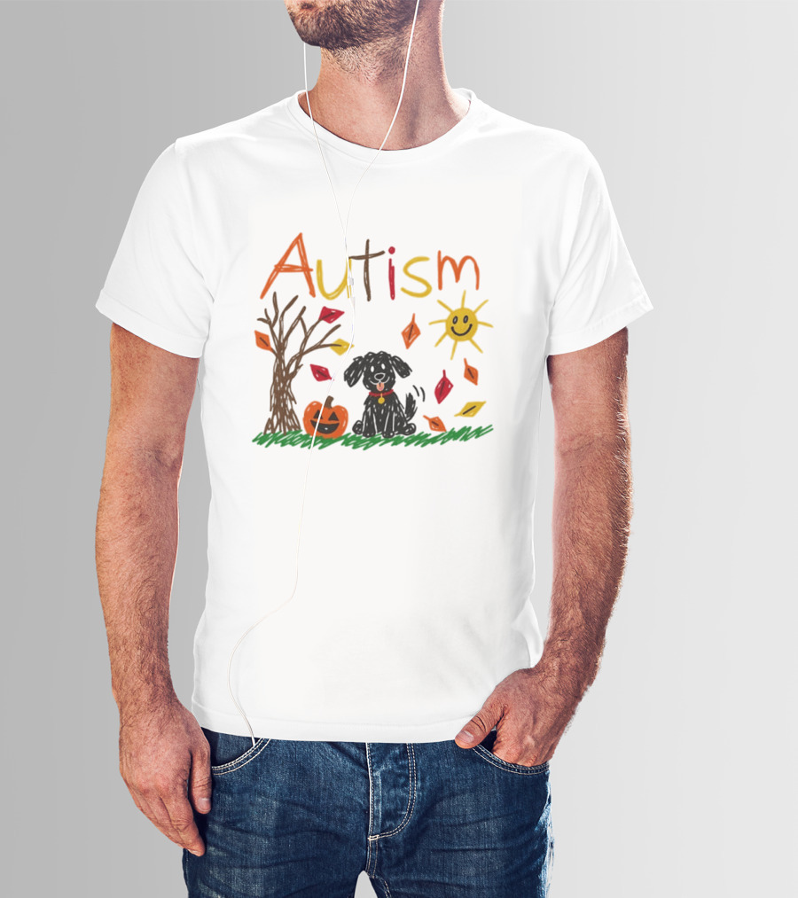 Autism Dog Pumpkin Halloween Fall Leaves Drawing T-Shirt