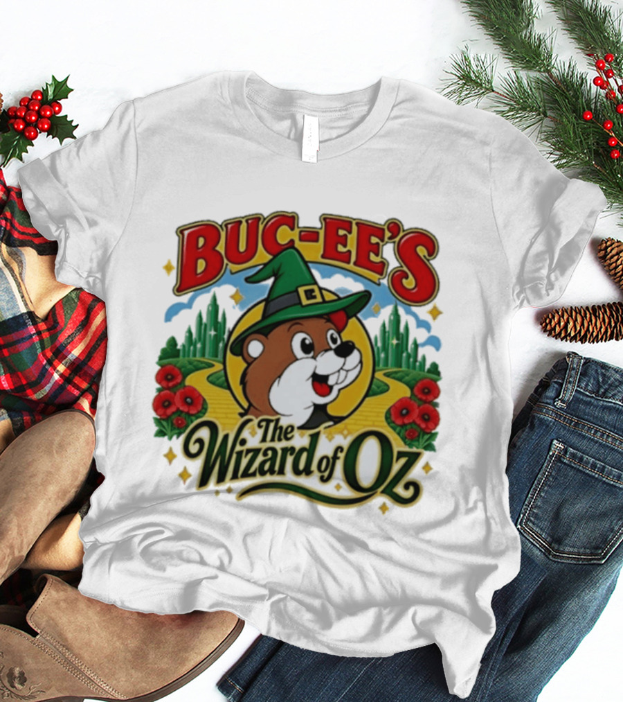 Buc Ee's The Wizard Of Oz Themed Parody With Beaver In Green Hat And Yellow Brick Road T-Shirt