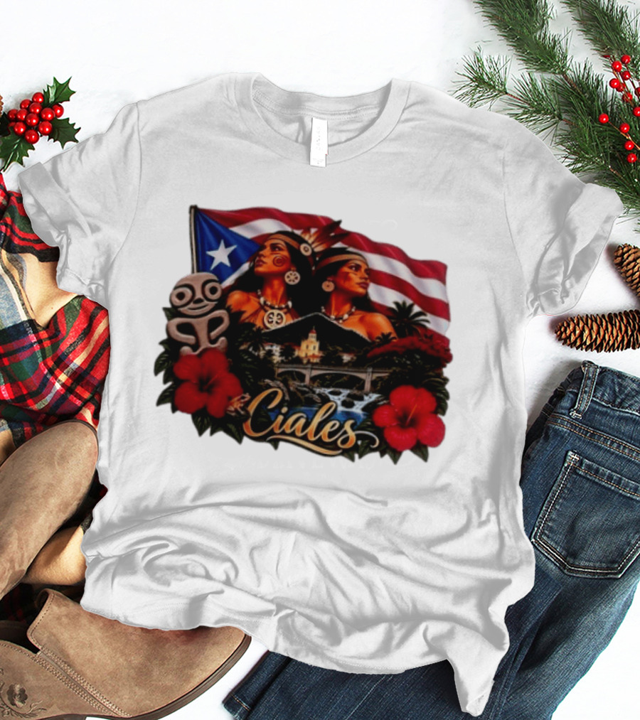 Ciales Puerto Rico Taino Women With Flag Hibiscus Flowers And Indigenous T-Shirt