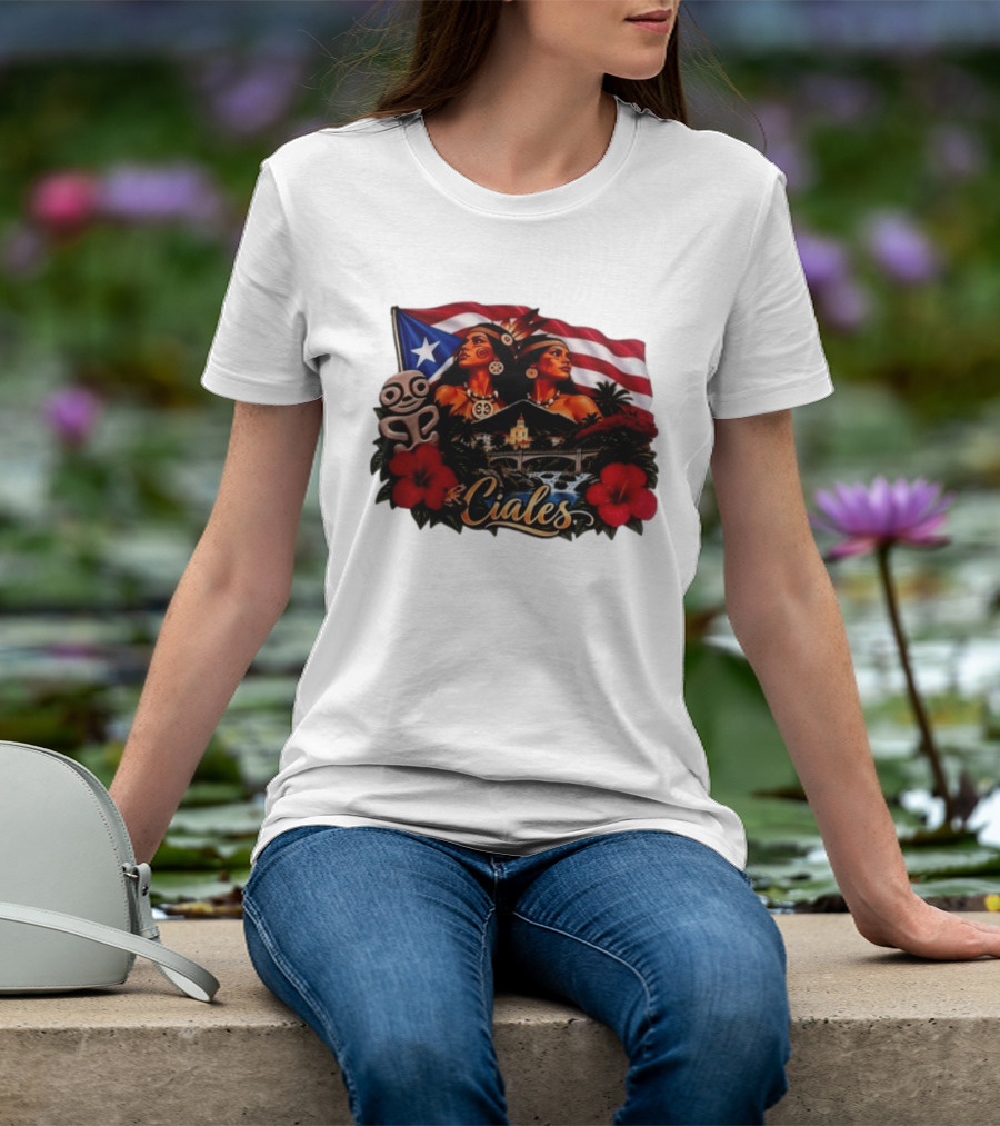 Ciales Puerto Rico Taino Women With Flag Hibiscus Flowers And Indigenous T-Shirt