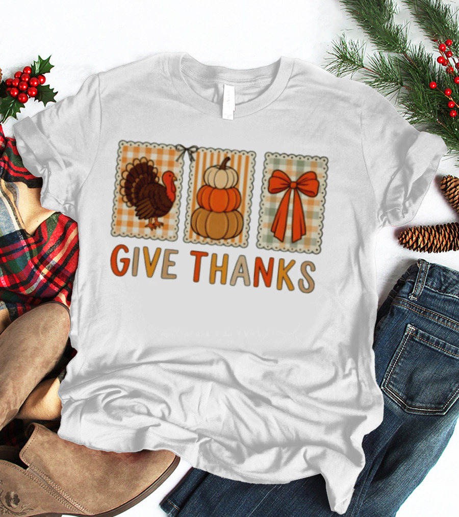 Thanksgiving Give Thanks Turkey Pumpkin Bow Harvest Celebration T-Shirt