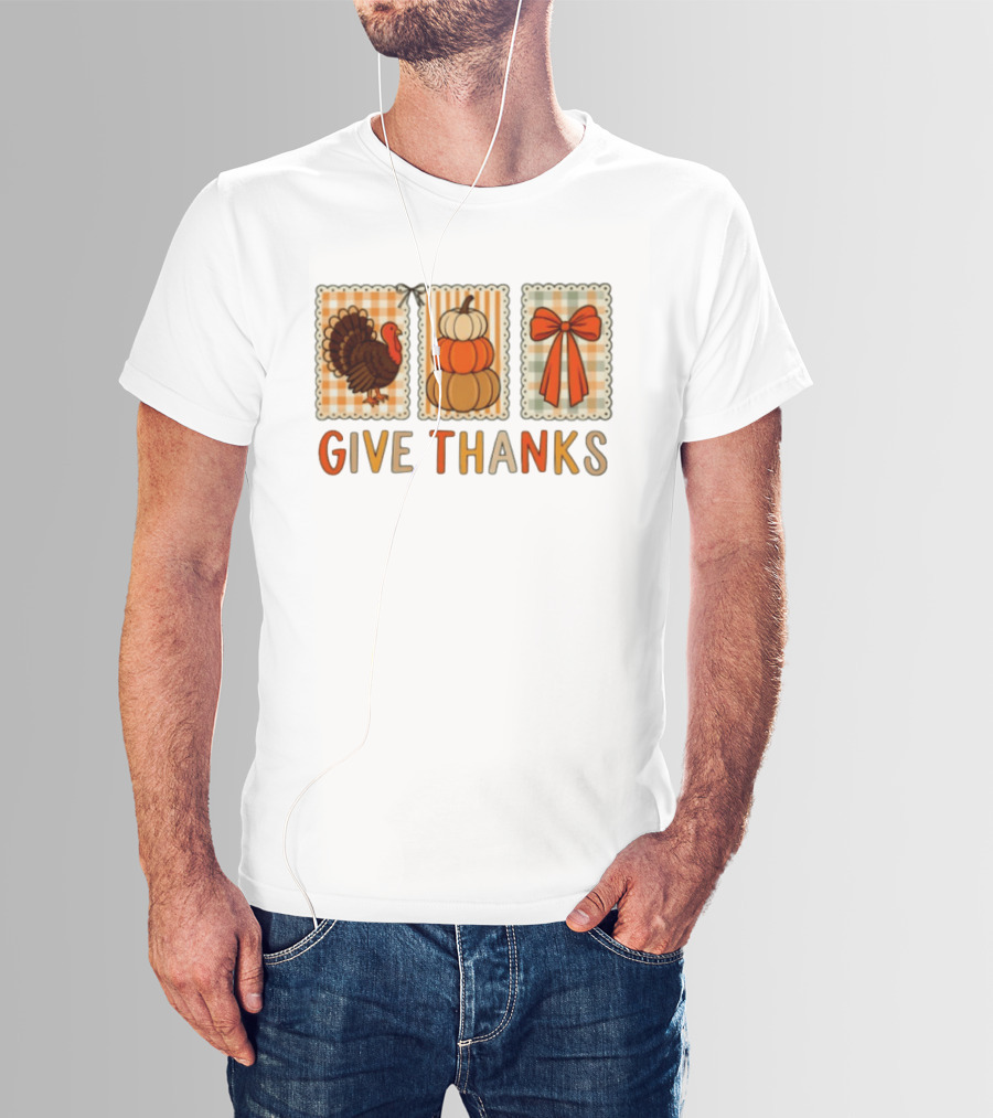 Thanksgiving Give Thanks Turkey Pumpkin Bow Harvest Celebration T-Shirt