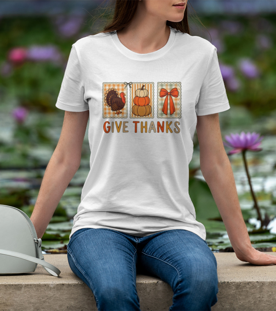 Thanksgiving Give Thanks Turkey Pumpkin Bow Harvest Celebration T-Shirt