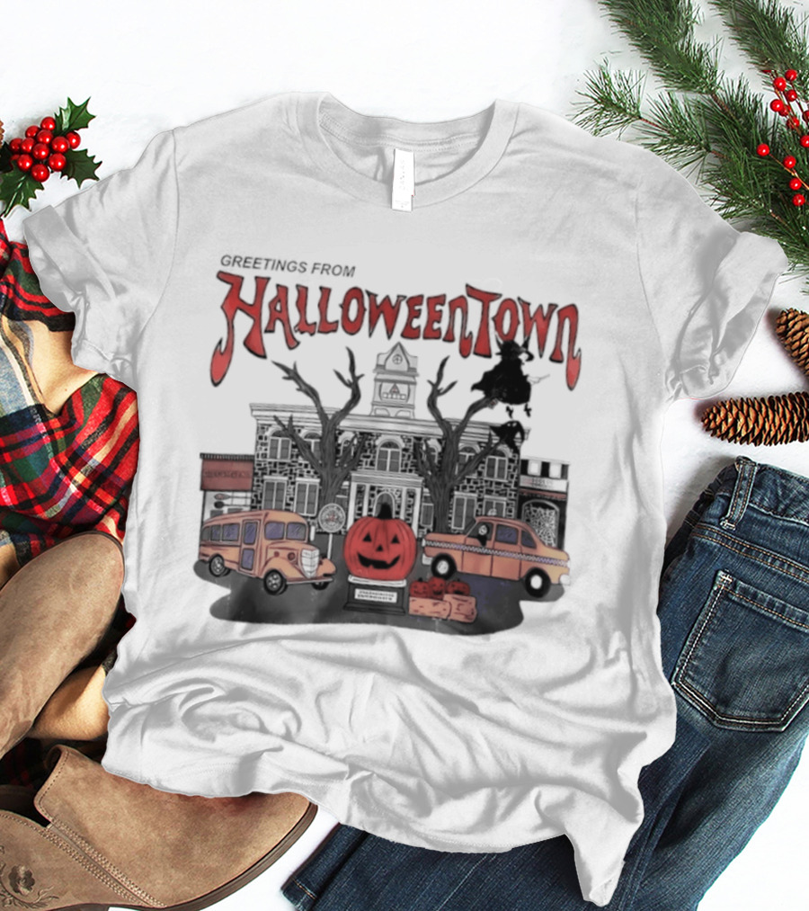 Greetings From Halloweentown Pumpkin Bus Witches Taxi T-Shirt