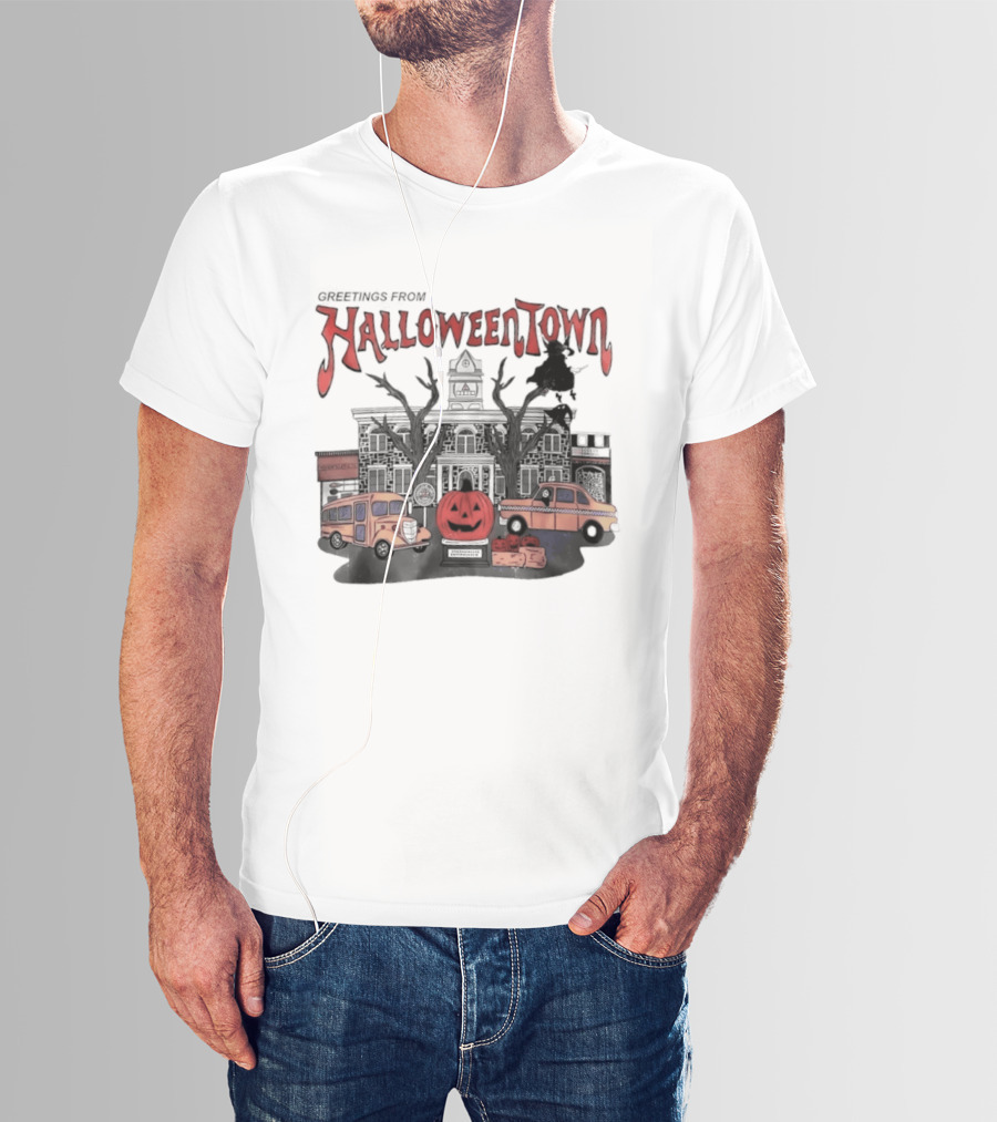 Greetings From Halloweentown Pumpkin Bus Witches Taxi T-Shirt