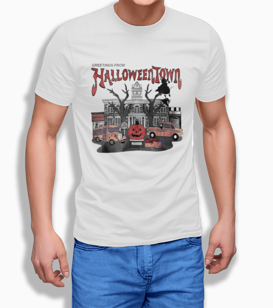 Greetings From Halloweentown Pumpkin Bus Witches Taxi T-Shirt