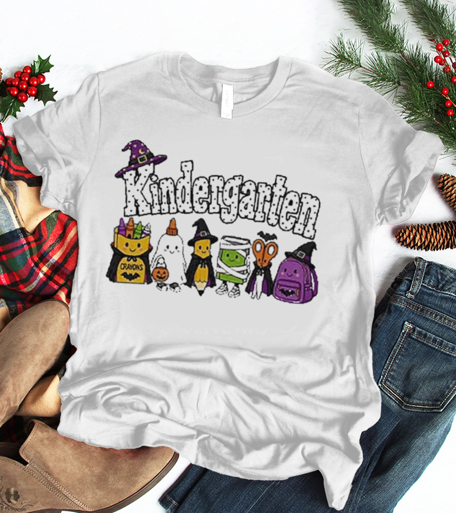 Kindergarten Crayons Ghost Bat Pumpkin Mummy Scissors Backpack Halloween T-Shirt