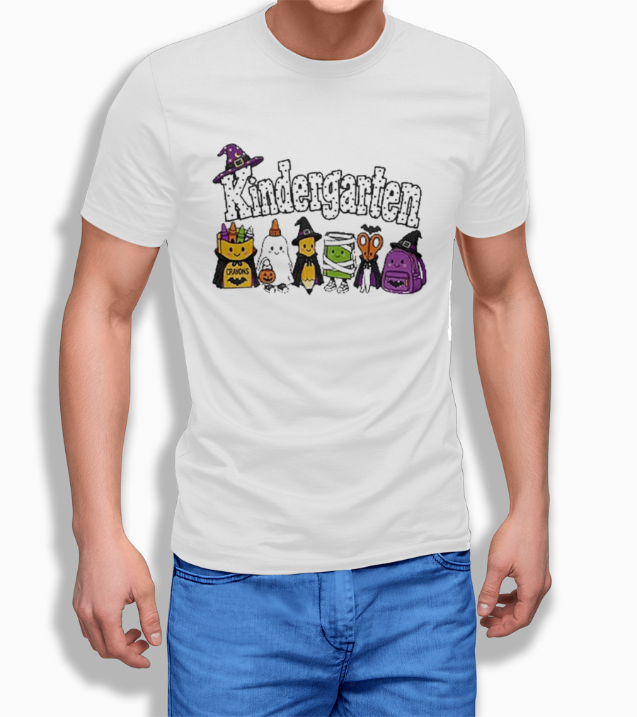 Kindergarten Crayons Ghost Bat Pumpkin Mummy Scissors Backpack Halloween T-Shirt