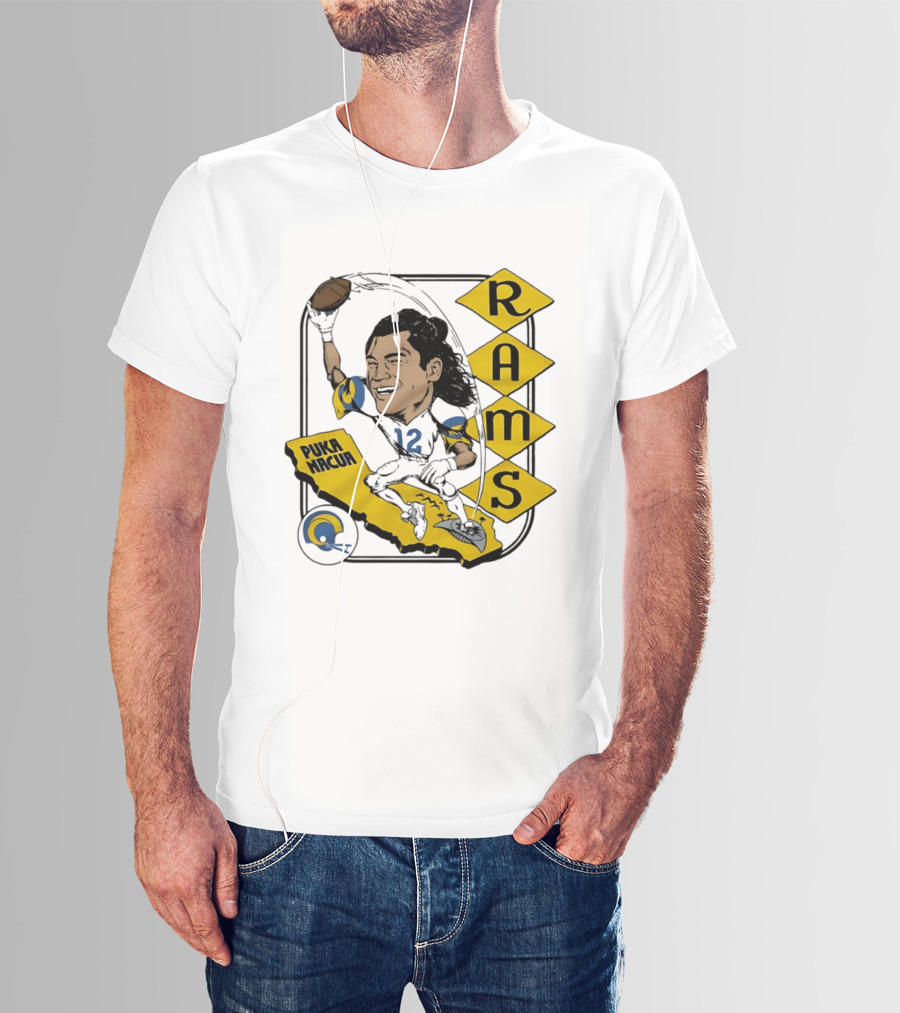 Los Angeles Rams Puka Nacua Caricature Football Player California Map T-Shirt