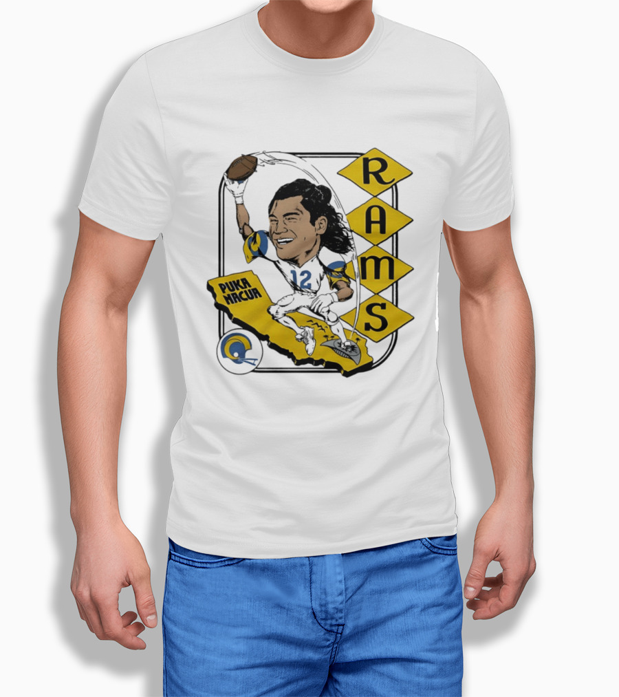 Los Angeles Rams Puka Nacua Caricature Football Player California Map T-Shirt