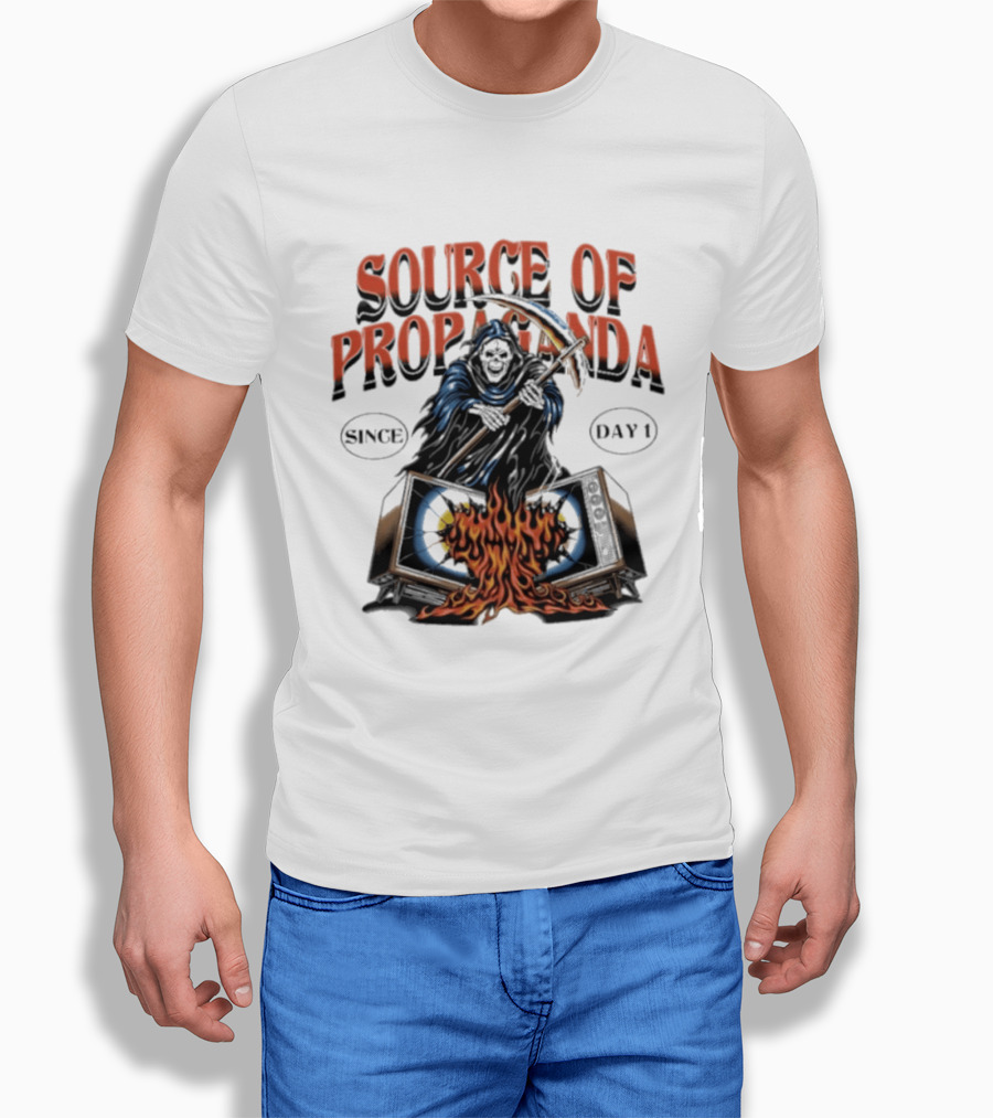 Source Of Propaganda Since Day 1 Grim Reaper Over Burning Television T-Shirt