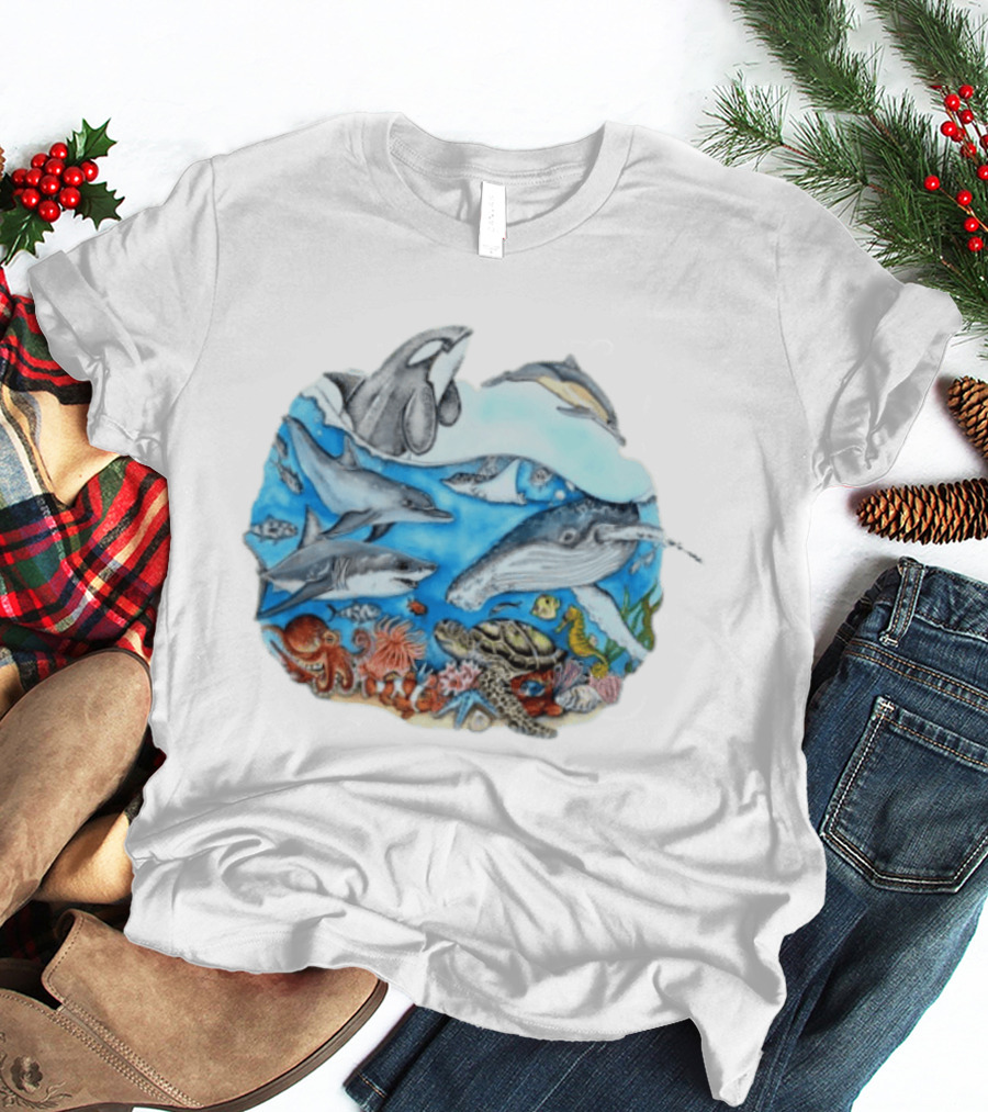 World Oceans Day Marine Life Dolphins Whales Turtles Octopus Coral Sea Animals Conservation T-Shirt